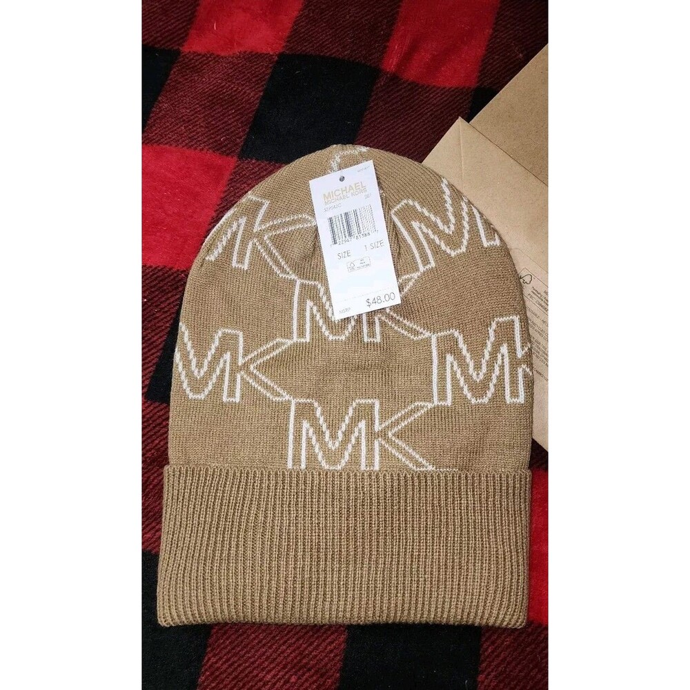Michael Kors MK Repeat Logo Knitted Beanie Hat, Camel /Cream, One Size
